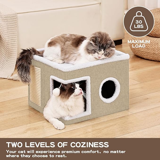 Cat Beds for Indoor Cats Houses, Large Cat Cave with Fluffy Ball and Scratch Pad, Foldable Cat House with Hideaway Tent for Kitten, 16x16x13inch, Khaki