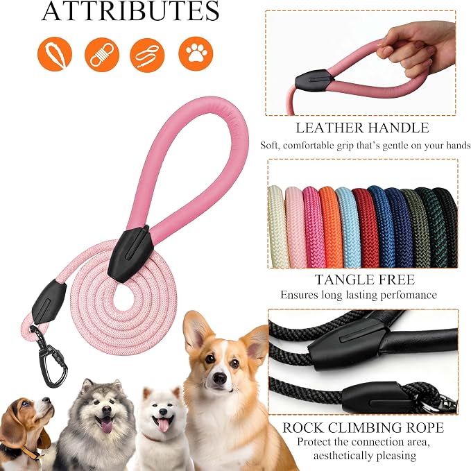 Rope Dog Leash, |Comfortable Leather Handle, Resistant to Dirt and bite | Strong Nylon Pet Lead for Small, Medium, Large Dogs (Pink, 5 FEET)