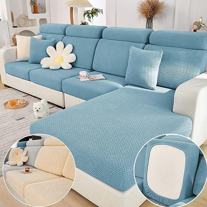 Yoovat Couch Cushion Covers for Sofa Couch Covers Wear-Resistant Universal Sofa Cover Washable Stretch for Sectional Slipcovers (Texture-Sea Blue,Back Cover L)