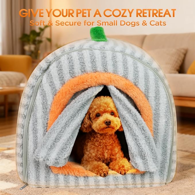 Dog House Indoor for Small Dogs, 2-in-1 Enclosed Dog Bed with Cover Cave & Curtain, Dog Tent with Plush Washable Cushion, Inside Dog House for Pets Under 17 lbs(Grey, Medium)