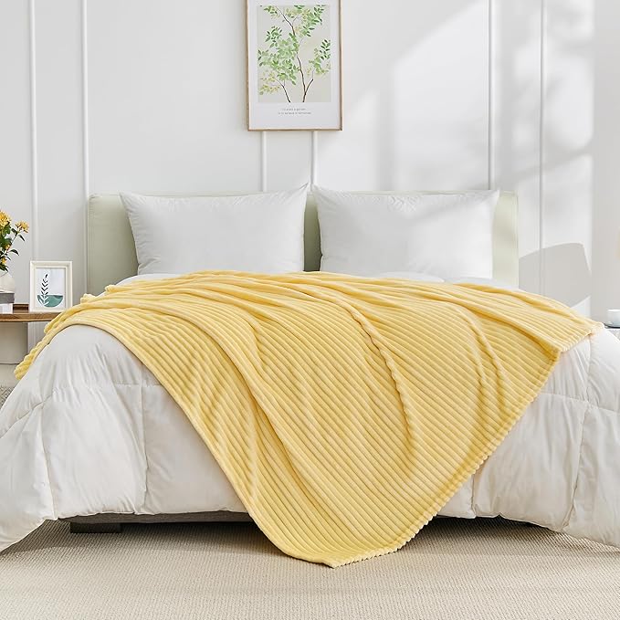 Bnuitland Light Yellow Fleece Throw Blanket for Couch, 300GSM Soft Warm Cozy Fluffy Throw for Adults & Kids, Stripe Pattern 60"x80", All Season Sofa Bed Blanket for Home Decor