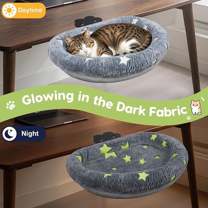 Cat Desk Bed with Clamp, Glow in The Dark Cat Desk Hammock, Desk Perch with Removable Washable Cover, Sturdy Metal Frame
