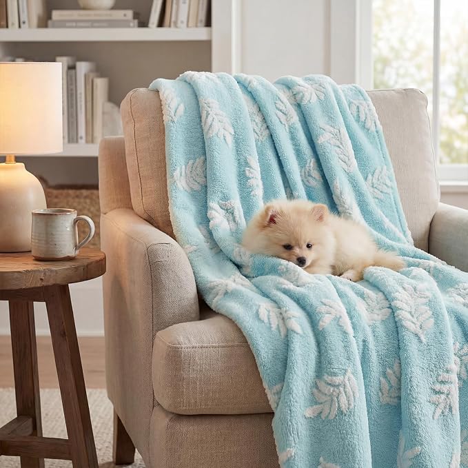 Horaldaily Pets Flannel Blanket, Blue Leaves 3D Textured Soft Fuzzy Fluffy Plush Cozy Fleece Premium Blankets for Dog Cat Puppy Kitten Couch Protection, 20x30