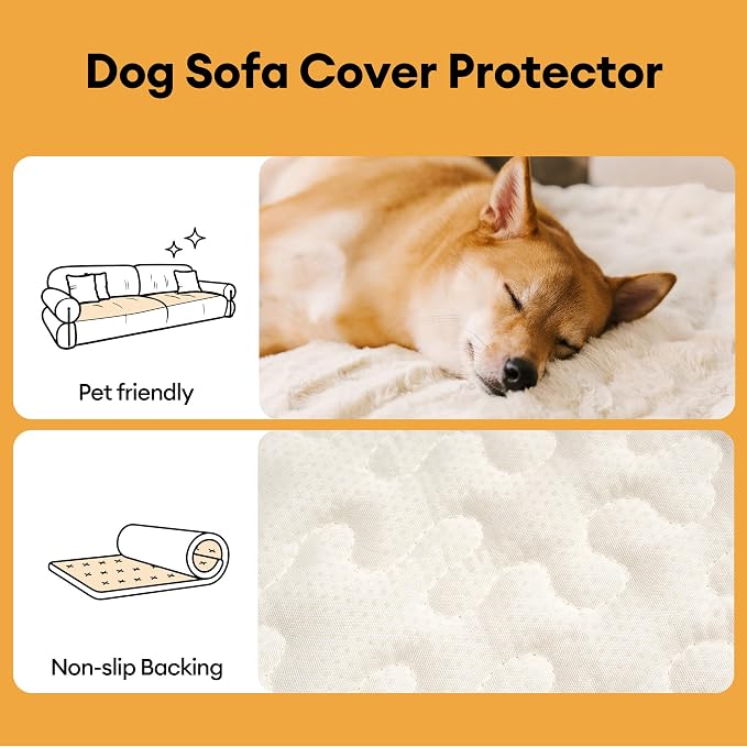 FUNNY FUZZY Pet Couch Cover for Sofa, Waterproof Couch Cover for Dogs Washable, Pet Friendly Fuzzy Sofa Covers Thick Soft Dog Bed Mat Non Slip for Couches and Sofas, Cream White, 27.6"×59.1"