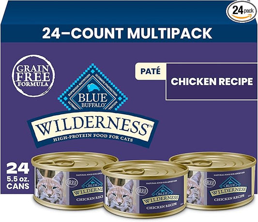 Blue Buffalo Wilderness Chicken Paté Adult Wet Cat Food, High-Protein & Grain-Free Recipe Enhanced with Vitamins, Minerals, and Other Nutrients, 5.5-oz. Cans (24 Count)