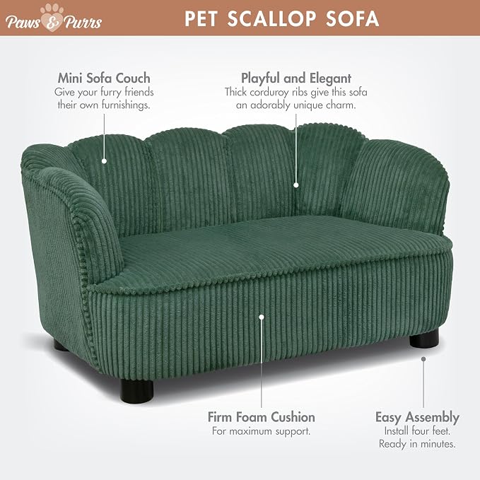 Paws & Purrs Retro Scalloped Back Sofa Style Pet Bed, Dog & Cat Couch with Tufted Cushion & Armrest, Stylish Indoor Pet Furniture, Sage