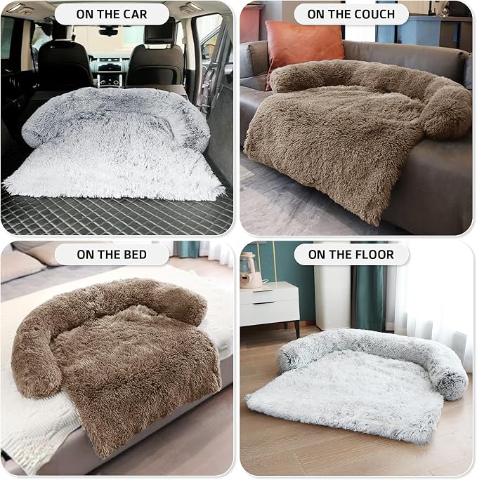 Calming Dog Bed Fluffy Plush Dog Mat for Furniture Protector with Removable Washable Cover for Large Medium Small Dogs and Cats (Small(35x31x5), Camel)