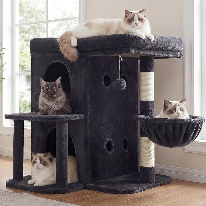 Heybly Cat Tree, 26.3-inch Cat Tower with Spacious Top Perch for Large Cats, Stair-Style Cat House Furniture with Dual-Layer Condos, Sisal Scratching Posts, Cozy Basket & Pompom, Smoky Gray HCT204SG
