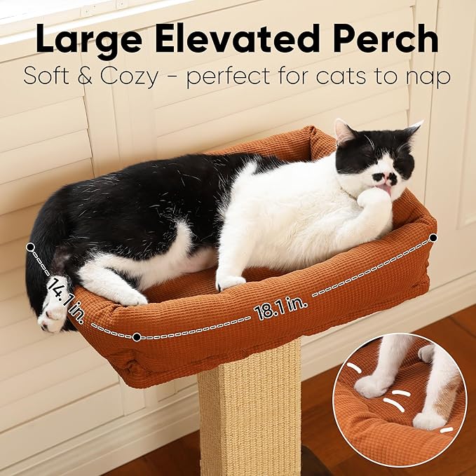 FUKUMARU Cat Scratching Post, Retro-Style Tall Scratch Posts with Perch for Indoor Cats Adults, Large Cat Scratcher Tower with Bed, Natural Sisal & Solid Wood
