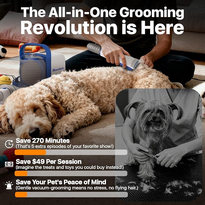 Buenkee Dog Grooming Kit with Vacuum, 15000Pa Pet Hair Clipper and Shedding Brush, 50dB Low Noise, 2L Capacity, White