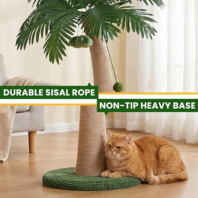 43 Inch Tall Cat Scratching Post for Indoor Large Cats, Natural Sisal Scratch Post with Hanging Toys, Stable Base Cat Scratcher for Kittens & Adult Cats, Tropical Cat Tree Furniture