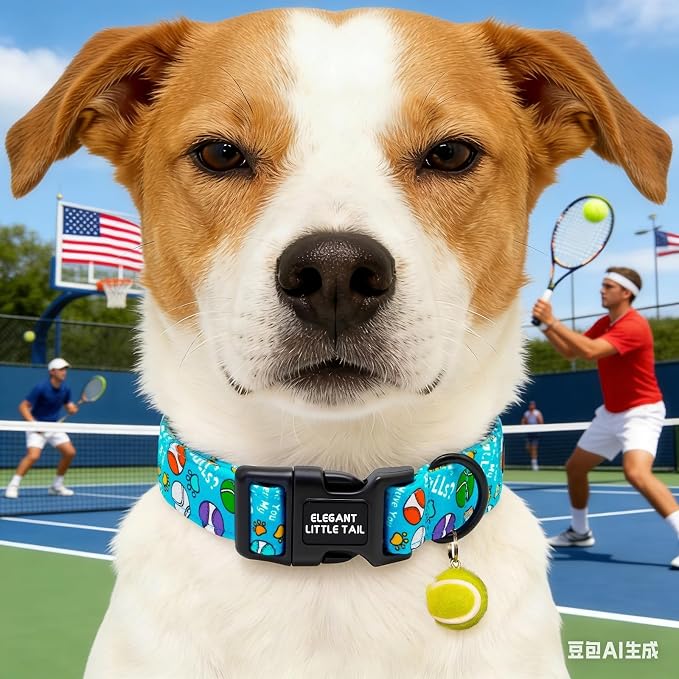 Elegant Little Tail Dog Collar, Cotton Tennis Pattern Soft Pet Collars with Pendant Male Sturdy Adjustable Pet Collar for Small Medium Large Dogs