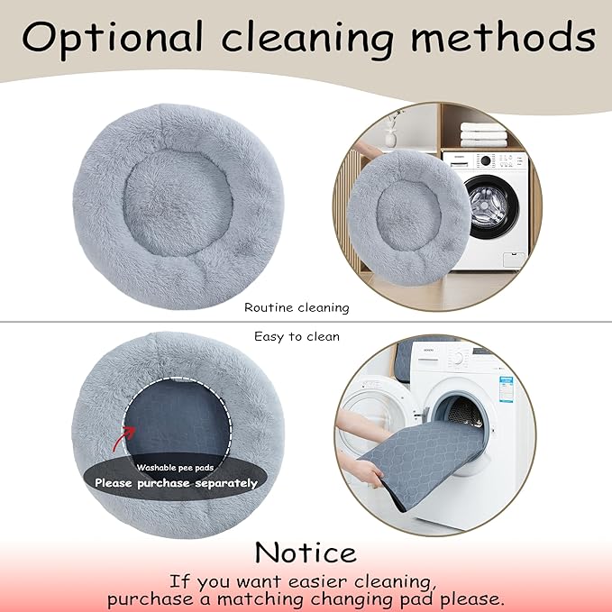 Bunlitent 39'' inch Calming Dog Bed, Plush Anti-Anxiety Donut Dog Bed for Small Medium Large Dogs, Warming Cozy Soft Cute Round Washable, Marshmallow Cuddler Nest Pet Bed, Grey