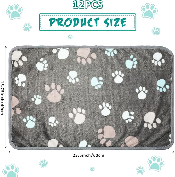 Tegeme 12 Pcs Pet Blankets 23 x 16 Inch Soft Fluffy Fleece Dog Cat Warm Paw Print Pattern Blankets Flannel Throw for Pets Dog Puppy Cat(Dark Gray)