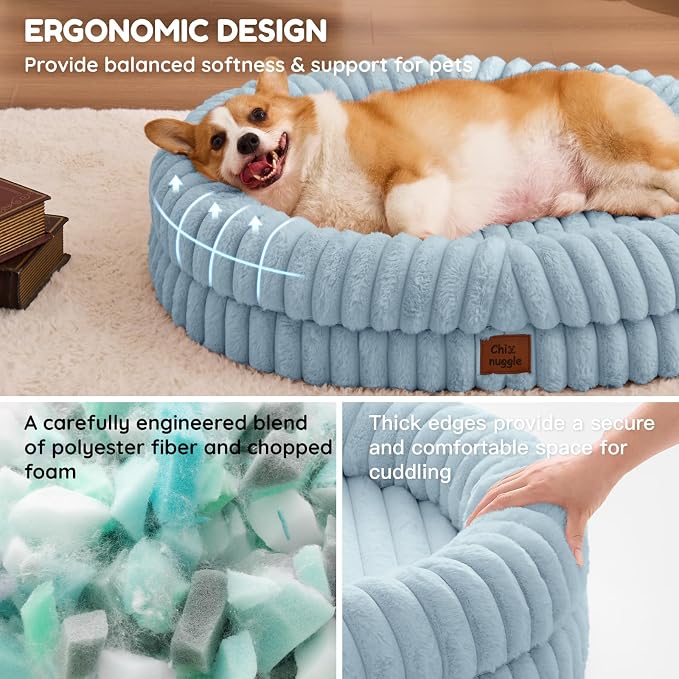 ChiXnuggle Orthopedic Dog Bed for Large Dogs, Waterproof Faux Rabbit Fur Dog Couch with Egg Crate Foam Support and Washable Removable Cover, Bolster Pet Sofa with Non-Slip Bottom, 35x28x7, Light Blue