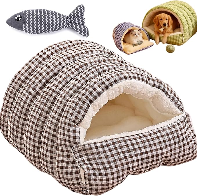 Pet Winter Cave, Warmth Cozy Comfort Plush Pet Cave, 360° Nesting Design, Snuggle Season Just Got Fluffier, Calming Plush Anti-Anxiety Cuddler Beds with Removable Cushioned (Brown,L)