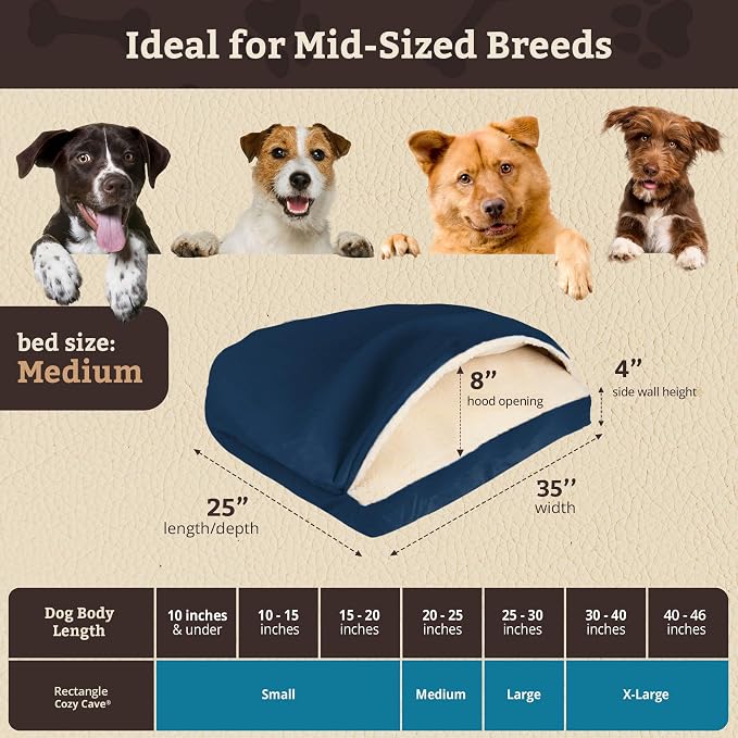 Snoozer Rectangle Cozy Cave Dog Bed - Indoor Dog Bed with Cover Cave, Covered Calming Burrow for Small & Medium Sized Pets with Blanket Attached, Enclosed, Washable Cover - Medium, Sapphire