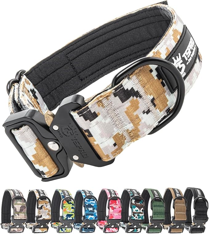 TSPRO Premium Dog Collars Tactical Dog Collar with Patch and Heavy Duty Quick-Release Metal Buckle Durable Thick and Adjustable for Medium to Large Dogs (Camo Khaki L)