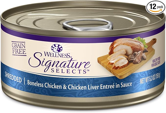 Wellness CORE Signature Selects Shredded Adult Canned Wet Cat Food, Natural, Protein Rich, Grain Free, Chicken Entrée Recipe, 5.3 oz, Pack of 12 Cans