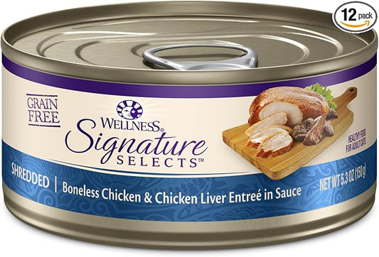 Wellness CORE Signature Selects Shredded Adult Canned Wet Cat Food, Natural, Protein Rich, Grain Free, Chicken Entrée Recipe, 5.3 oz, Pack of 12 Cans