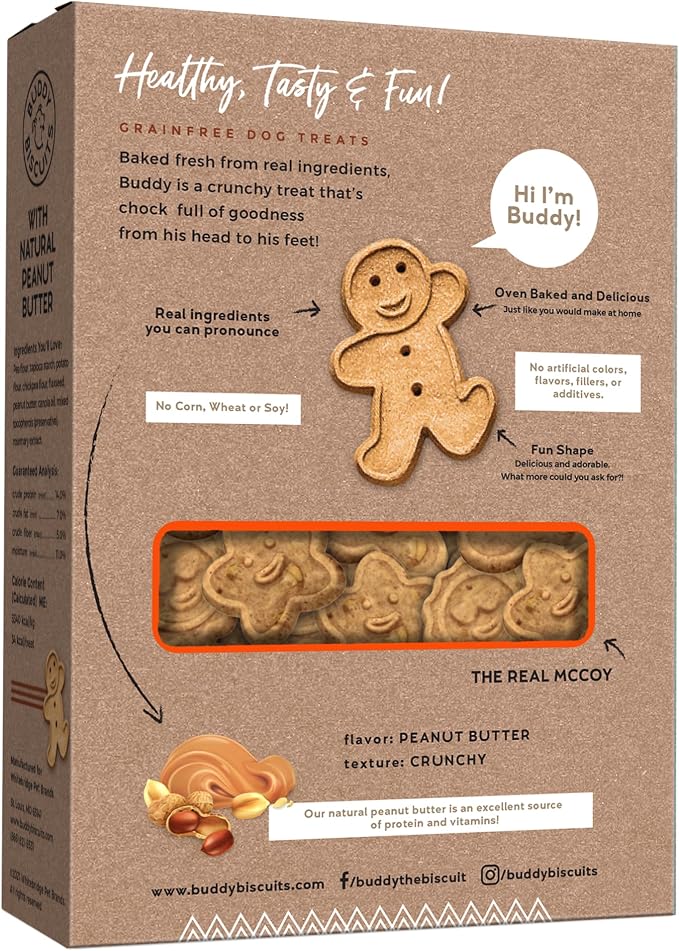 Buddy Biscuits Grain Free Dog Treats, Baked in USA, Large Size Treat with Natural Peanut Butter 14 oz.