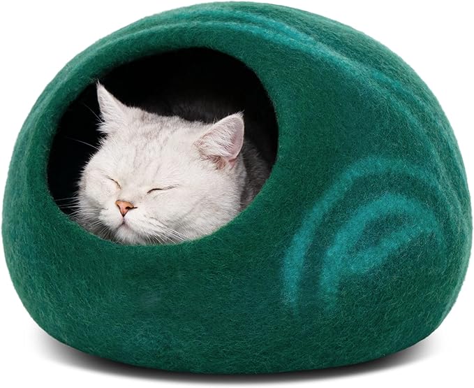 MEOWFIA Cat Cave – Premium Felt Cat Enclosure for Indoor Cats, Handmade Merino Wool (Emerald, Medium)