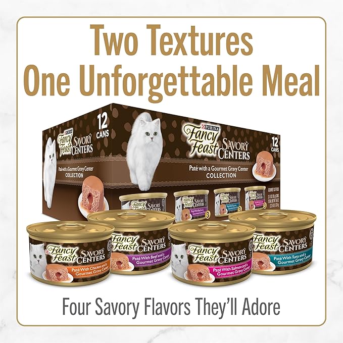 Fancy Feast Purina Savory Centers Wet Cat Food Pate Variety Pack with Chicken, Salmon, Beef, and Tuna Pate with Gravy Center - (2 Packs of 12) 3 oz. Pull-Top Cans (Pack of 2)