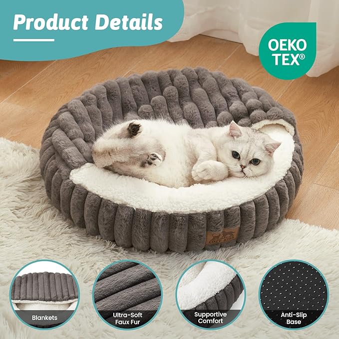 COZY KISS Hooded Blanket Cat Bed – 20"x20" Round Fluffy Donut Cuddler for Cats & Toy Dogs, Anti-Anxiety Faux Fur Pet Bed, Machine Washable with Non-Slip Bottom, Grey