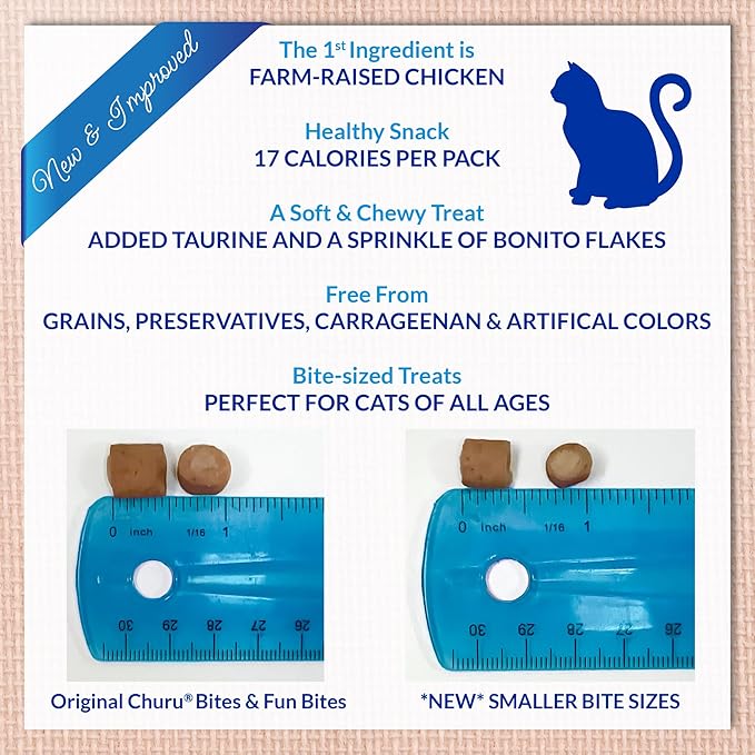 INABA Churu Fun Bites for Cats, Soft & Chewy Cat Treats with Taurine, 0.42 Ounces Each Tetra, 18 Tetras (3 per Bag), Chicken Recipe