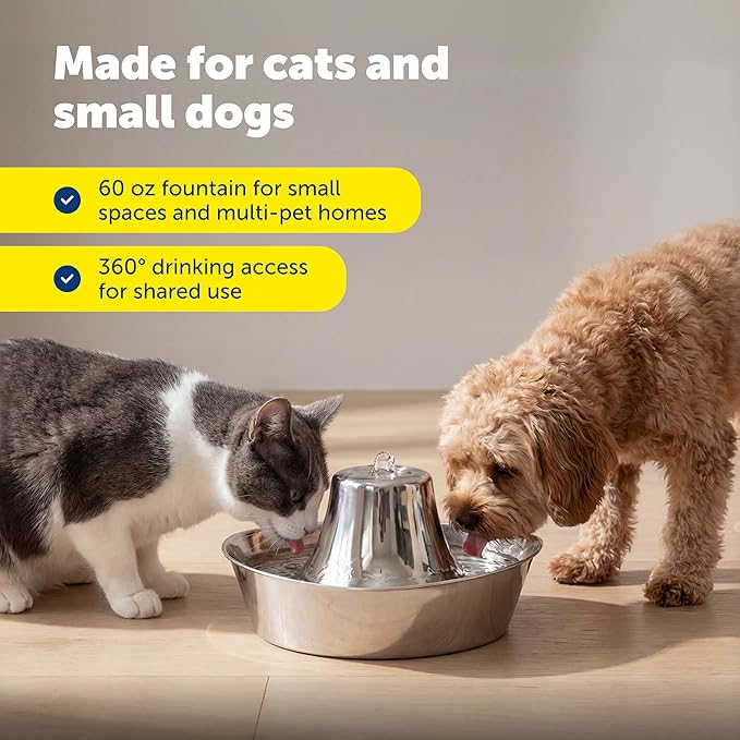 PetSafe Seaside Stainless Cat & Dog Fountain - Extra Water Filters & 1 Pump Included, Tower Creates Soothing Flow for Pets, Scratch-and Rust-Resistant Material Inhibits Pet Acne, 60 Oz Water Capacity