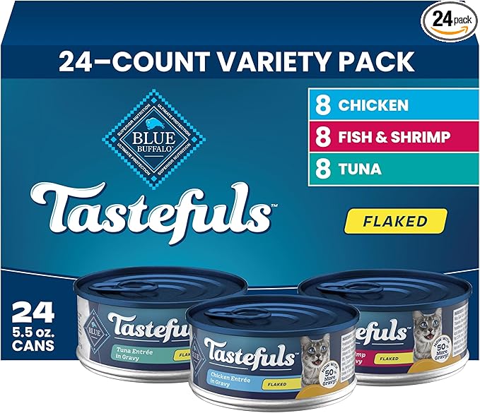 Blue Buffalo Tastefuls Flaked Adult Wet Cat Food Variety Pack (Tuna, Chicken, Fish & Shrimp), Natural Ingredients Enhanced with Vitamins, Minerals & Other Nutrients, 5.5-oz. Each (24 Cans)