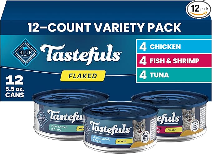 Blue Buffalo Tastefuls Flaked Adult Wet Cat Food Variety Pack (Tuna, Chicken, Fish & Shrimp), Natural Ingredients Enhanced with Vitamins, Minerals & Other Nutrients, 5.5-oz. Each (12 Cans)