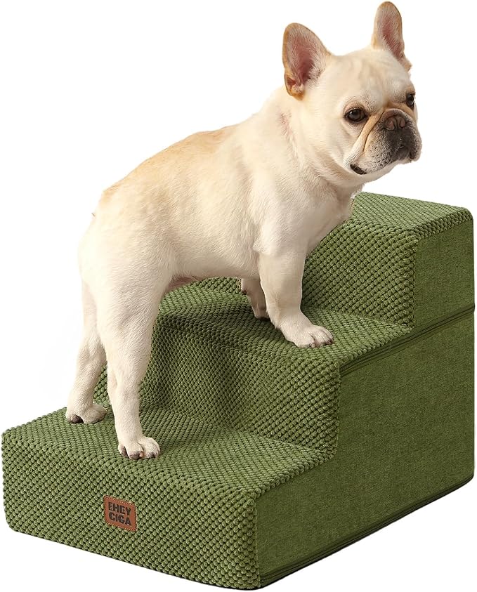 EHEYCIGA Dog Stairs for Small Dogs 13.5" H, 3-Step Dog Steps for Couch Sofa and Chair, Pet Steps for Medium Cats, Non-Slip Balanced Pet Ramp Indoor, Olive Green