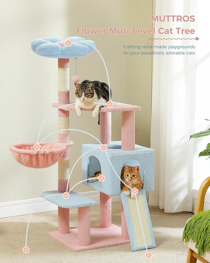 MUTTROS Flower Cat Tree 47.2" Multi-Level Cat Tower with Sisal Covered Scratching Posts, Cute Cat Condo for Indoor Small Medium Cats, Pink Top Perch, Ramp, Fluffy Ball, Blue