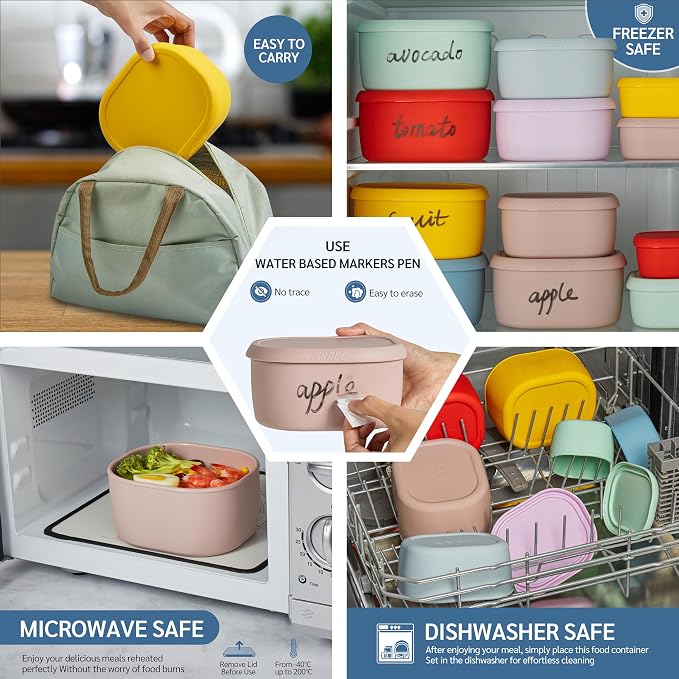 ISSEVE 12Pcs/Set Nesting Silicone Food Storage Containers with Lids, BPA Free Reusable Meal Prep Silicone Containers Airtight, Freezer Dishwasher Safe (33.8oz, 20oz, 10oz, 6.7oz, 1.3oz) (Pink)