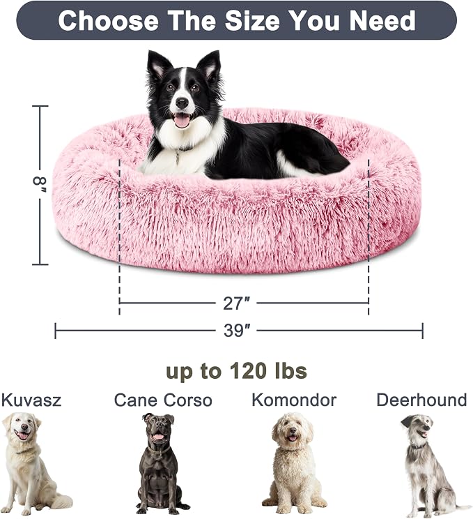 ELSKER&HOME Calming Dog Bed,Donut Washable Warming Soft Round 39 inches Dog Beds for Large Dogs,Anti-Anxiety Fluffy Plush Cushion Bed Fits up to 120 lbs Pets,Pink