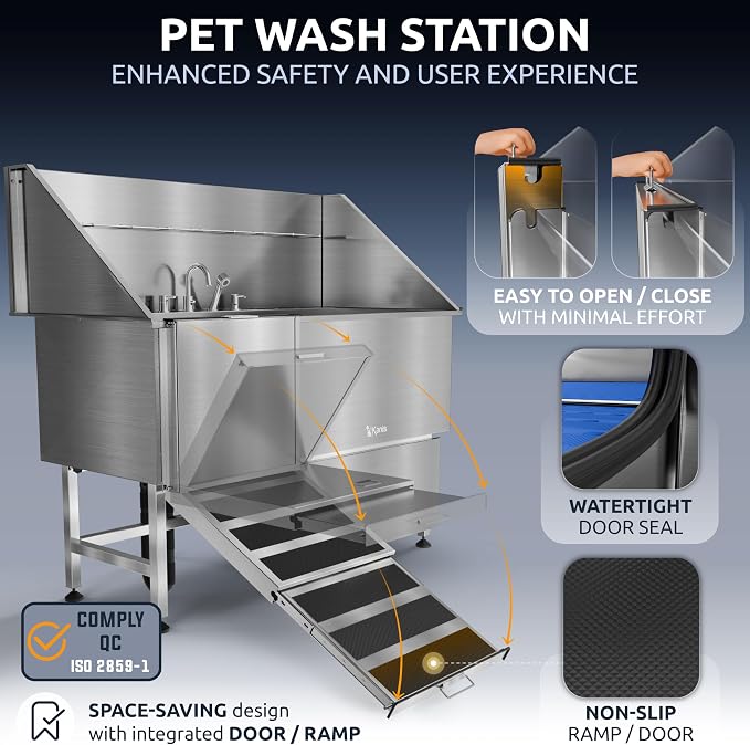 KANIS Professional Dog Washing Station 304 Stainless Steel Pet Wash Sink & Grooming Bathtub w/Shower, Floor Grates and Storage for Large, Medium & Small Pets (Silver, 61 Inches, Left Ramp, 1 Drawer)