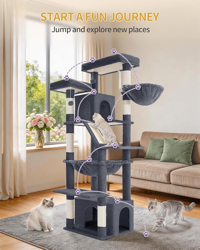 Hzuaneri Large Cat Tree, 72 Inch Tall Indoor Cat Tower for 6 Large Cats, Corner Climbing Activity Pet Condo with 2 Large Platforms/2 Cats House/6 Scratching Post/1 Hanging Basket, Dark Gray MS18318SG