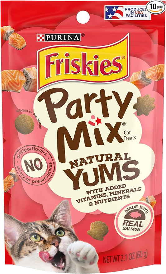 Purina Friskies Natural Cat Treats, Party Mix Natural Yums With Real Salmon and Vitamins, Minerals & Nutrients - (Pack of 10) 2.1 Oz. Pouches