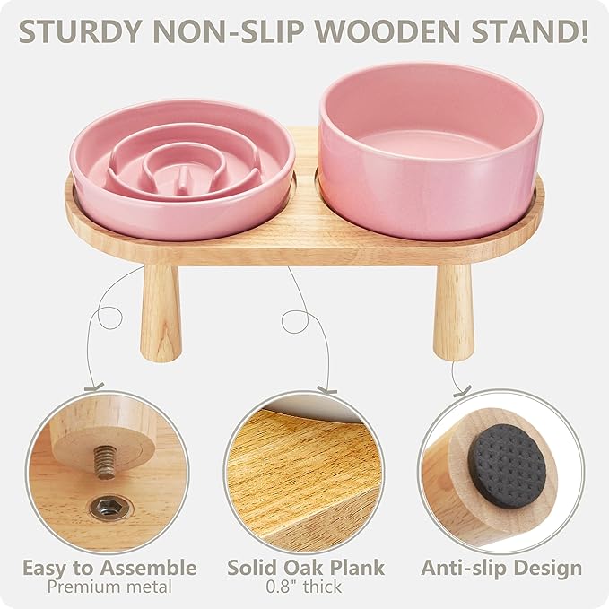 Ceramic Slow Feeder and Water Bowl Set for Small Dogs, 6.0 Inch Ceramic Dog Bowls Elevated with Wooden Stand, 0.6 Cups Dog Slow Feeder(14oz) and 30oz Water Bowl Set, Pink
