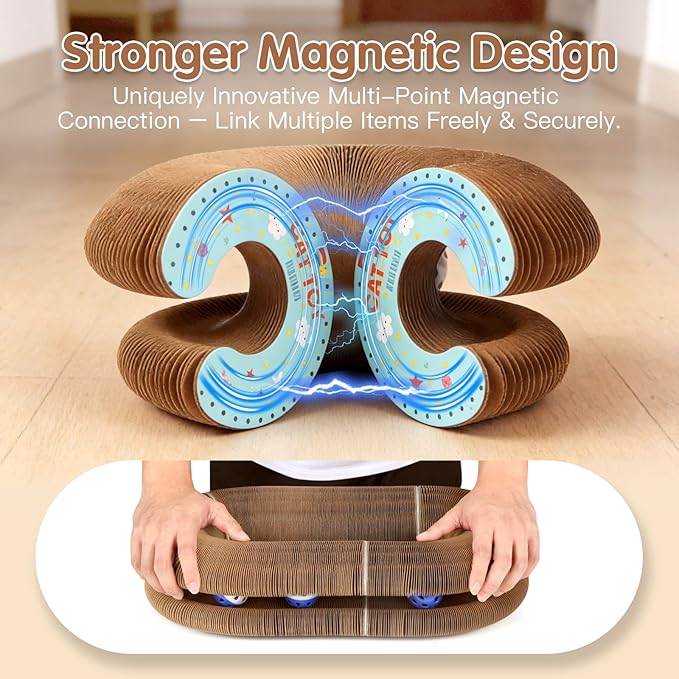 Extensible Cat Scratcher Cardboard Toy | Magic Accordion Scratching Pad with Bell Ball - Foldable & Reversible Interactive Kitty Play for Indoor Cats (2 Pack)