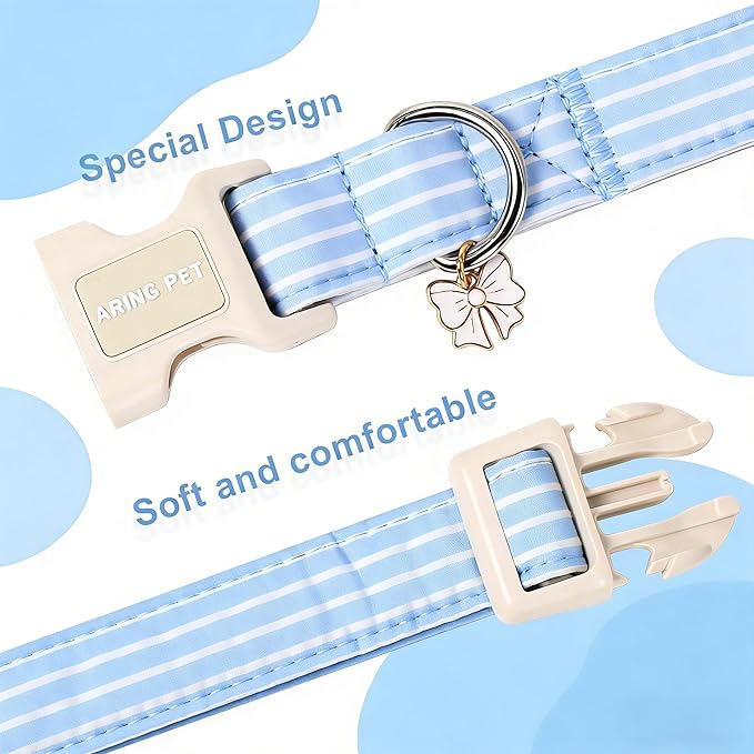 ARING PET Stripe Dog Collar, Cute Spring Summer Blue Stripe Pet Collars with Bow Charm for Puppy Small Medium Large Boy Girl Dogs-L, for Daily Outdoor Walking Training