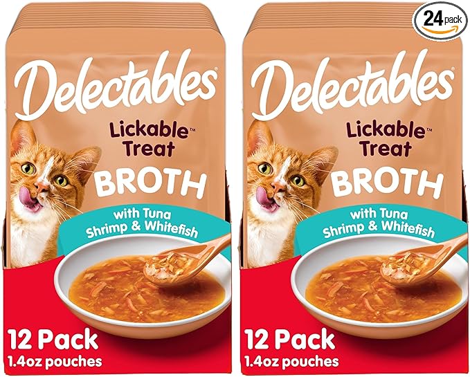 Delectables Lickable Treat Savory Broth Wet Cat Treat with Real Tuna & Shrimp, Food Topper, Hydrating, Grain-Free, No Fillers, No By-Products, No-Added Preservatives, 1.4oz Pouch (Pack of 24)