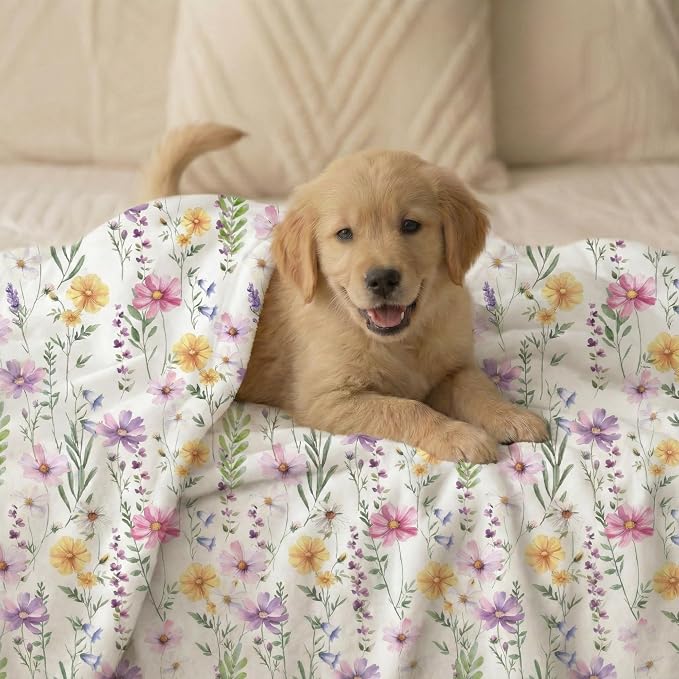 Horaldaily Pets Flannel Blanket, Spring Summer Watercolor Wildflowers Soft Fuzzy Fluffy Plush Cozy Fleece Premium Blankets for Dog Cat Puppy Kitten Couch Protection, 16x23