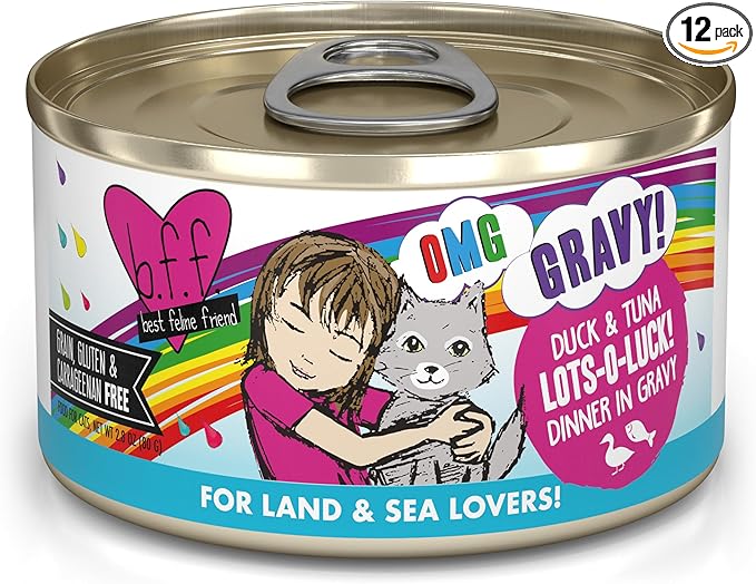 Weruva B.F.F. OMG - Best Feline Friend Oh My Gravy!, Lots-O-Luck! with Duck & Tuna in Gravy Cat Food, 2.8oz Can (Pack of 12)