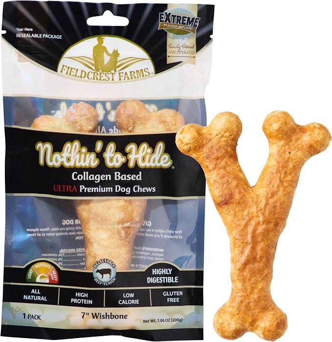 Fieldcrest Farms Nothin' to Hide Collagen-Based Dog Chew, Wishbone, Beef Flavor, Ultra-Premium, for Dogs Over 50lbs, Easily Digestible, Supports Skin, Coat, Joints & Muscles, 7-Inch, 1 Piece