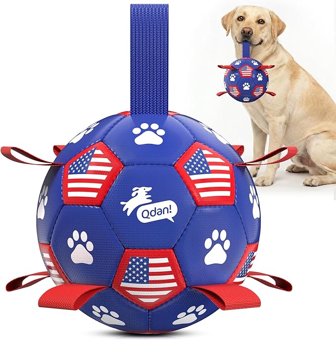 QDAN Dog Toys Soccer Ball with Straps, Durable Balls for Large Dogs, Beach Pool Dog Water Toy, Puppy Dog Birthday Gifts (8 Inch)