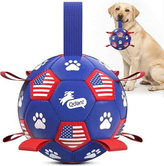 QDAN Dog Toys Soccer Ball with Straps, Durable Balls for Large Dogs, Beach Pool Dog Water Toy, Puppy Dog Birthday Gifts (8 Inch)