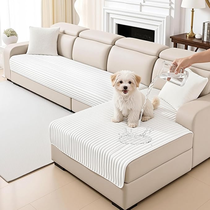 MYSKY HOME 100% Waterproof Couch Cover for Sectional Sofa, Couch Covers for Dogs Washable, Non Slip 2 Pieces Sofa Slipcover, L Shape Sofa Cover Furniture Protector for Pet, Cream, 35"x63"+35"x63"