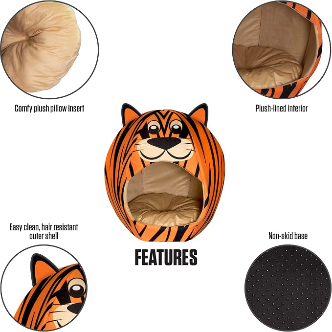 Maccabi Art Tiger Theme Dog Bed - Cute Igloo Style Pet Bet - Fits Medium Dogs, Puppies, Cats - Pillow Insert with Plush Lined Interrior, Non-Slip Igloo Design - 25 x 25 x 22